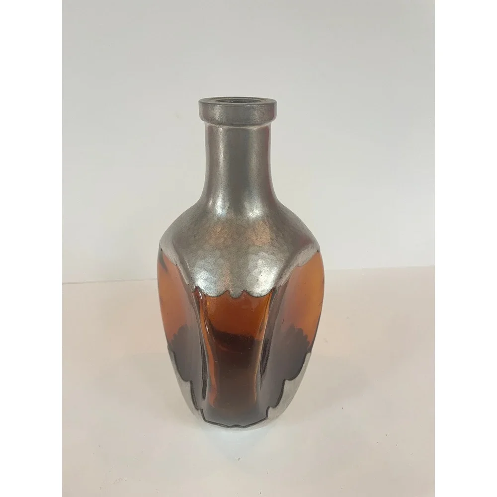 Vintage Amber Glass‎ Decanter Hammered Metal Overlay Scalloped Bottle Brutalist